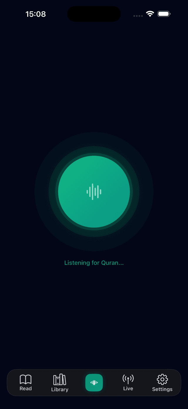 RecitID AI Quran detection screen listening for a recitation — Shazam for the Quran identifying surah and verse in real time