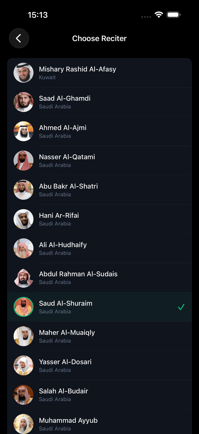 RecitID choose reciter screen showing 42 world-renowned Quran reciters including Mishary Al-Afasy, Al-Sudais, Saad Al-Ghamdi, and more