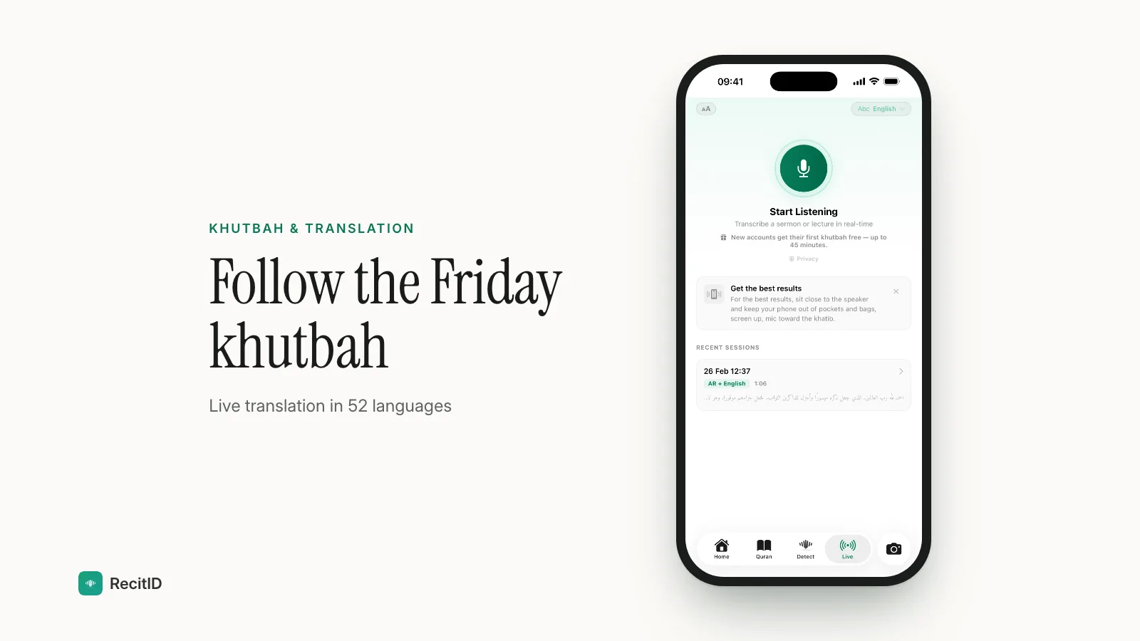 RecitID Live screen ready to translate a khutbah